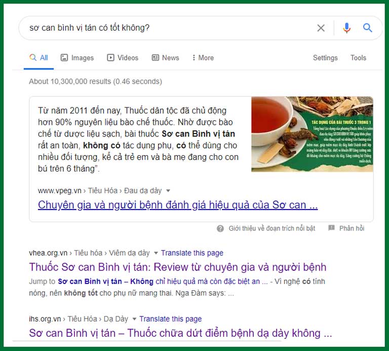 Kết quả khi tìm kiếm "Sơ can Bình vị tán có tốt không" trên google