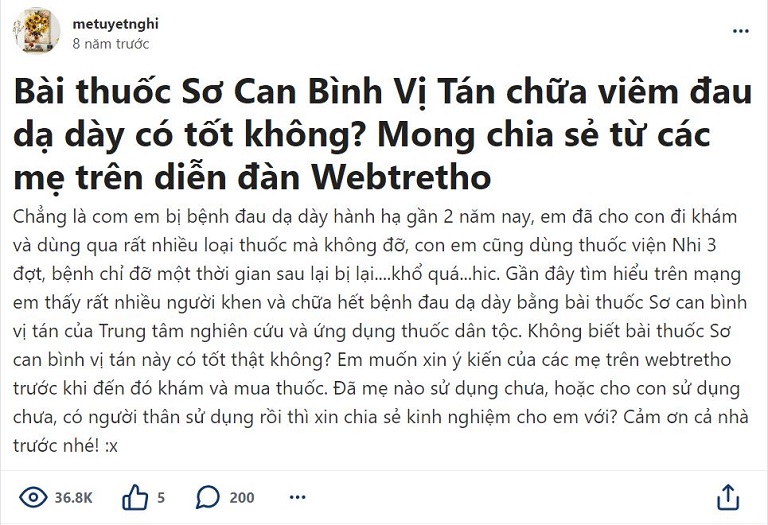 Bài đăng chị Thanh đã đọc được trên webtretho